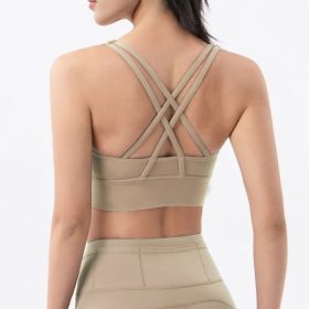 Nylon Top Women Bra Sexy Top Woman Breathable Underwear Women Fitness Yoga Sports Bra For Women Gym 22 Colors (Color: khaki, size: S)